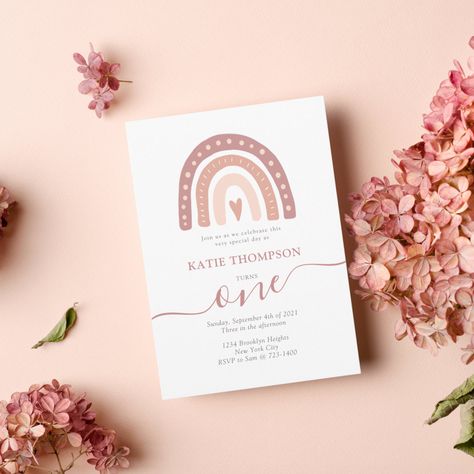 Pastel Pink Rainbow Boho First Birthday for Girls Invitation - birthday invitations Boho 13th Birthday Party Ideas, Boho Calligraphy, Pastel Pink Rainbow, First Birthday Rainbow, Boho First Birthday, Rainbow Birthday Invitations, Rainbow Boho, Pink Baby Girl, Rose Pastel