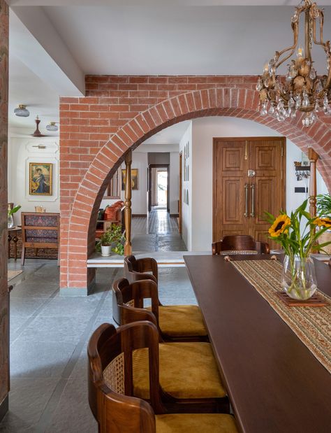 Inside a Bengaluru home that feels like a heritage bungalow | Architectural Digest India Arched Brick Wall, Kota Flooring, Trimmed Windows, Modern Traditional Living Room, Filipino House, Long Corridor, Brick Wall Texture, Indoor Balcony, Kerala House