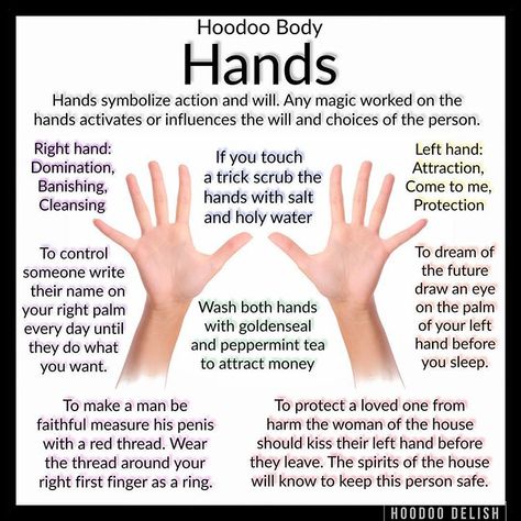 ~*~ HOODOO BODY: HANDS ~*~ The hands symbolize action and will. When working magic using your hands you are activating and emphasizing your… Hoodoo Conjure Rootwork, Hoodoo Magic, Hoodoo Conjure, Hoodoo Spells, Spells For Beginners, Voodoo Hoodoo, Easy Spells, Voodoo Spells, Witch Spirituality