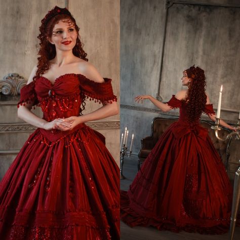 Red Corset Dress Victorian, Vampire Masquerade Ball Gowns, Victorian Ballgown Masquerade Ball, Red Dress Aesthetic Medieval, Red Ballgown Aesthetic, Masquerade Ball Gowns Red, Dresses Victorian Era, Masquerade Party Outfit Dresses, Red Ballroom Dresses