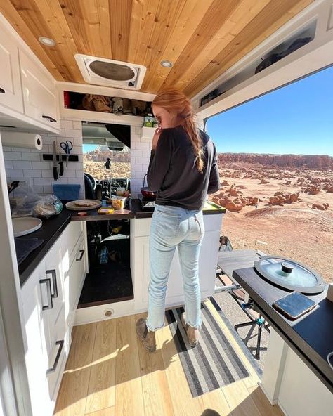 A mano vans | San Diego campervan builds on Instagram: "Lunchtime from inside @traveldylemma van! The L-shaped kitchen was so fun to make and we believe most closely resembles the layout of a house kitchen! We added a flip up counter piece to still allow the door between the cab and the living area to he utilizable." Van Life Pantry, Van Kitchen Backsplash, Van Life Interior Layout With Bathroom, Diy Van Kitchen, Converted Vans Layout, Van Build Kitchen, Van Layout Ideas With Bathroom, Medium Wheel Base Van Conversion, Campervan Interior Layout