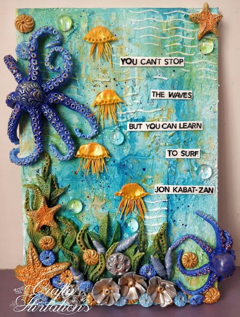 Crafty Flirtations: Beautiful Aquatic Flora and Fauna - Mixed Media Canvs Mermaid Books, Textiles Sketchbook, Nautical Painting, Mixed Media Art Canvas, Underwater Art, Mixed Media Crafts, Texture Painting On Canvas, Shell Crafts Diy, Clay Wall Art