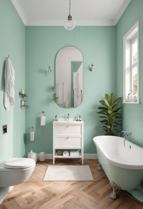 Revamp your bathroom with 2024's Retro Mint paint! 🌿🛁 Bring a fresh, vintage vibe to your space. Check it out now! #InteriorDesign #BathroomDecor #RetroMint #HomeTrends #PaintColors2024 Mint Colored Bathroom, Mint Paint Colors, Mint Green Bathroom, Mint Green Bathrooms, Mint Bathroom, Pink Bathrooms, Pastel Bathroom, Bathroom Color Palette, Mint Paint