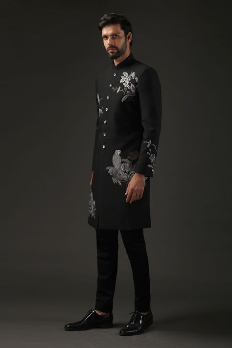 Buy Black Matka Silk Embroidered Resham Sherwani For Men by Rohit Bal Online at Aza Fashions. Sherwani Black, Wedding Kurta For Men, Embroidered Sherwani, Indian Groom Wear, Resham Embroidery, Resham Work, Sherwani For Men, Velvet Dress Designs, Rohit Bal