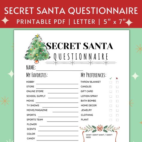 Excited to share the latest addition to my #etsy shop: Printable Secret Santa Questionnaire for Christmas Gift Exchange Questions 5x7 Work Secret Santa Info Cards Secret Santa Christmas Wish List https://etsy.me/3CEF08o #silver #christmas #red #worksecretsanta #questio Christmas Gift Exchange Wish List, Gift Exchange Questionaire For Adults, Secret Santa Questionnaire For Family, Christmas Gift Questionnaire, Gift Exchange Questions, Printable Secret Santa Questionnaire, Secret Santa Form, Work Secret Santa, Secret Santa Questionnaire