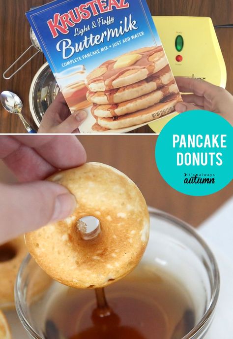 Pancake donuts are a fun, easy breakfast idea for kids! Gabby Crafts, Mini Donut Maker Recipes, Donut Maker Recipes, Krusteaz Pancake Mix, Mini Donut Maker, Mini Donut Recipes, Cake Mix Donuts, Mini Donuts Maker, Cake Pop Maker