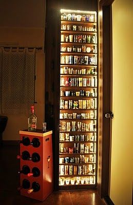 Beautiful shot glass display with LED lighting.  And pretty funny because my boyfriend already collects them :) Beer Glass Storage Ideas, Beer Glass Display, Booze Cabinet, Shot Glass Display, Shot Glasses Display, Shot Glass Holder, Glass Display Case, Diy Display, Fridge Door