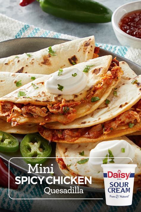 Spicy Chicken Quesadilla, Mini Chicken Quesadillas, Chicken Quesadillas Recipe, Recipe With Sour Cream, Microwave Cooking Recipes, Recipes Microwave, Daisy Sour Cream, Daisy Brand, Lean And Green Meals