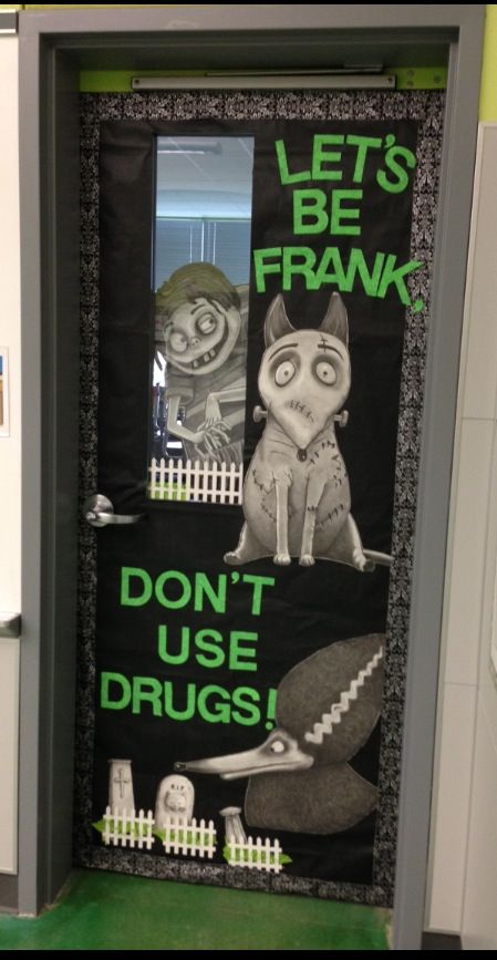 I drew some of the Frankenweenie movie characters and added the slogan to my sons class room door for red ribbon week. I figured I'd update the theme from the tired old -traditional Frankenstein to Frankenweenie. As it turned out, the kids absolutely loved it! Not to mention, we won 1st place. ; ) 10/31/13 © copyright by Yvonne Rich 2013 Red Ribbon Week Door Decorating Ideas Halloween, Frankenweenie Decorations, Movie Door Decorations Classroom, Disney Science, Teaching Decor, Diy Halloween Door Decorations, Classroom Door Decorating, Halloween Diy Door, Halloween Classroom Decorations