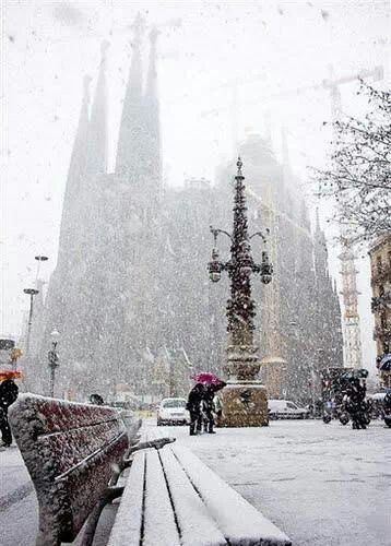 Barcelona in snow. Barcelona In Winter, Gaudi Barcelona, A Snowy Day, Barcelona Catalonia, Earth Pictures, Snowy Day, Snow Scenes, Snow Storm, Spain And Portugal