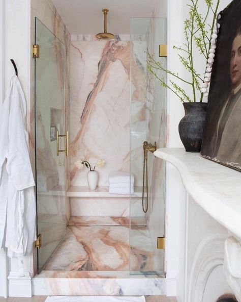 Robbins Architecture (@robbinsarchitecture) • Instagram photos and videos Bookcase Door, Marble Showers, Stone Bathroom, Usain Bolt, Design Hotel, Pink Bathroom, Marble Bathroom, Bathroom Colors, Shower Design