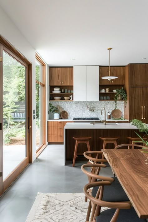 15 Mid-Century Modern Kitchen Remodel Tips – Everyday Inspo Midcentury Modern Small Kitchen, Pnw Contemporary Interior, Mid Century Modern Scandinavian Kitchen, Mid Century Modern Open Floor Plan, Mid Century Rustic Kitchen, Mcm Inspired Kitchen, Japandi X Mid Century Modern, Mid Century Modern Wood Floors, Wooden Flooring Kitchen