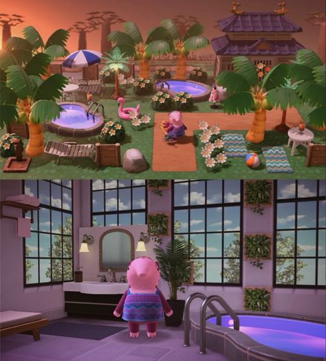 Acnh Indoor Pool, Acnh Rooms, Happy Home Paradise, Paradise Pools, Indoor Swimming Pool, Happy Home Designer, Acnh Inspo, Pool Fence, Animal Crossing Game