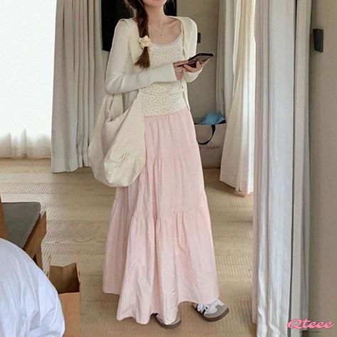 Sweet Delight Long Skirt with Ruffles Modest Long Skirts, Long Pink Skirt, Modest Girly Outfits, Skirt With Ruffles, Midi Skirt Pattern, Long Skirt Outfits, Clothes Korean Style, Really Cute Outfits, Girly Outfits