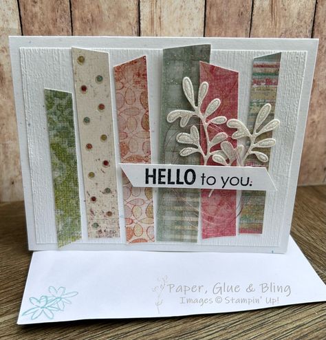 This fun all occasion card will delight any receiver.  It features strips of patterned glitter paper with a simple sentiment.  Card is blank inside, ready for your personal message.  Card measures 5 1/2" x 4 1/4". Envelope measures 5 3/4" x 4 3/8" . Rustic Cards Handmade, Cards Using Scraps Of Paper, Fun Folds Stampin Up Cards, Strip Cards, Designer Paper Cards, Scrappy Cards, Creative Birthday Cards, Scrap Cards, Pleasant Grove