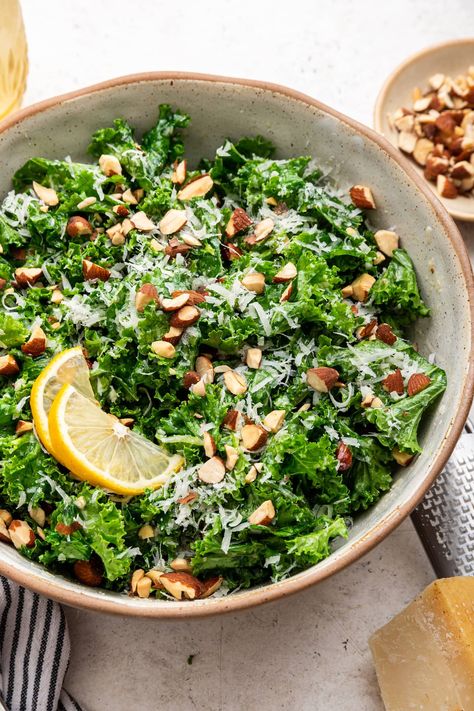 This easy kale salad comes together in less than 10 minutes with simple ingredients. It makes for a great side salad or can be topped with protein for full meal. Easy Kale Salad, Kale Benefits Health, Healthy Chicken Enchiladas, Turkey Bolognese, Kale Salad Recipes, Homemade Enchilada Sauce, Homemade Enchiladas, Breakfast Salad, Kale Recipes