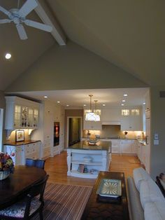 Ceiling Kitchen Design, Cathedral Ceiling Kitchen, Cathedral Ceiling Living Room, Beachy Kitchens, Basement Remodeling Diy, Small Basement Remodeling, Flat Ceiling, Painted Ceilings, Vaulted Ceiling Living Room