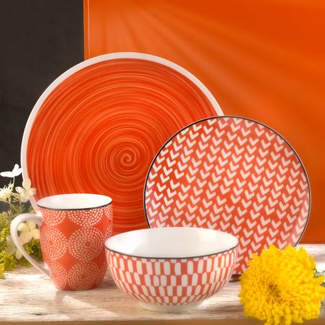 Zipcode Design™ Gettys 16 Piece Dinnerware Set, Service for 4 | Wayfair Red Dinnerware Set, Mug Dinner, Stoneware Dinnerware Sets, Orange And Turquoise, Cereal Bowls, Dinnerware Set, Salad Plates, Dinnerware Sets, Dinner Table