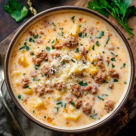 Delicious Creamy Parmesan Italian Sausage Soup Recipe Soup Recipes Italian Sausage, Italian Sausage Soup Recipes Healthy, Fall Sausage Soup, Creamy Crockpot Soup Recipes, Chicken Sausage Soup Recipes, Fall Soup Recipes Sausage, Creamy Soups For Fall, Fun Soup Recipes, Fall Soup Recipes Ground Beef