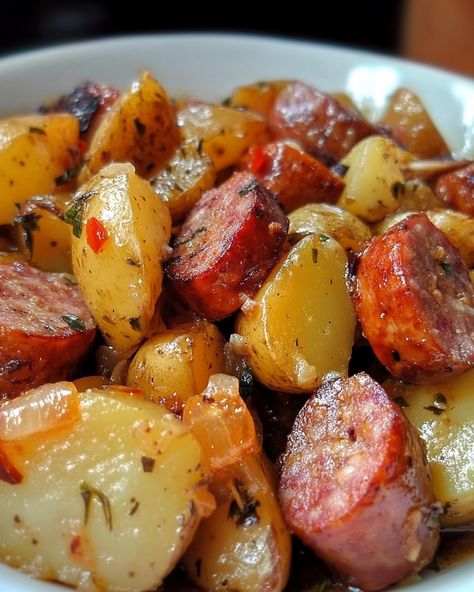 Enjoy a delicious one-pan meal of savory smoked sausage and potatoes. Quick, easy, and perfect for any weeknight dinner. Sausage Pan Recipes, Meal Ideas Sausage, Smoked Sausage And Bell Peppers, Meals W Sausage, Dinner Recipes With Andouille Sausage, Things To Do With Smoked Sausage, Dinner Recipes Sausage Kielbasa, Sausage Chicken Potato Recipes, Andouille Sausage Dinner Ideas