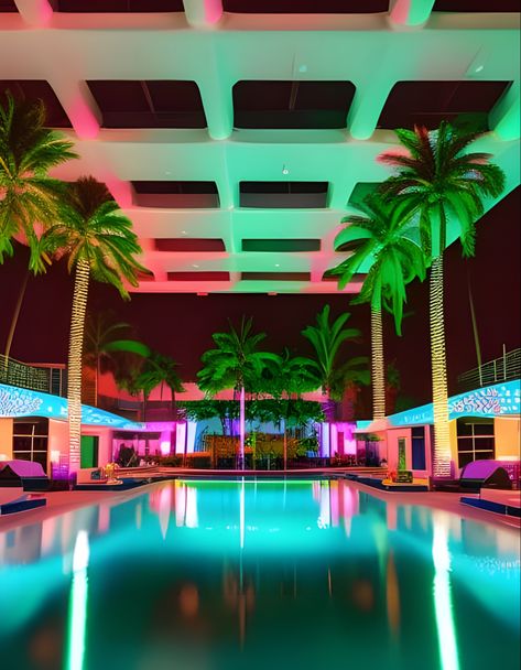 Fantasy art: neon vaporwave Miami club vibes with palm trees liminal Neon Pool Aesthetic, Pool Club Design, Pool Club Aesthetic, Miami Club Aesthetic, Miami Vaporwave, Vaporwave Pool, Miami Lights, Miami Neon, Neon Club