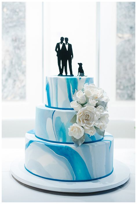 White and blue marble wedding cake | gay grooms cake topper | Stylish Gallery Wedding With Matching Tuxedos #weddings #weddingcake #cake  #weddingcakes  #wedding  #weddingideas #weddinginspiration Lgbt Wedding Cakes, Grooms Cake Toppers, Masculine Wedding, Gay Wedding Cakes, Gay Wedding Photos, Camo Wedding Cakes, Watercolor Wedding Cake, Barrel Wedding, Wedding Cake Ideas