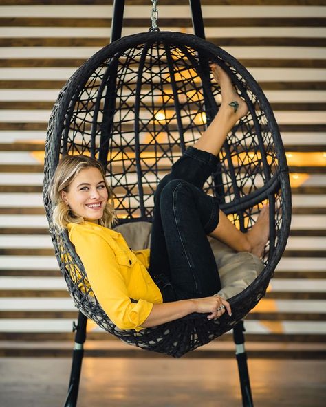 Swiss Decor, Chair Poses, Tiera Skovbye, Boudiour Poses, Megan Park, Chair Photography, Hanging Chair With Stand, Chair Pose, Hanging Egg Chair