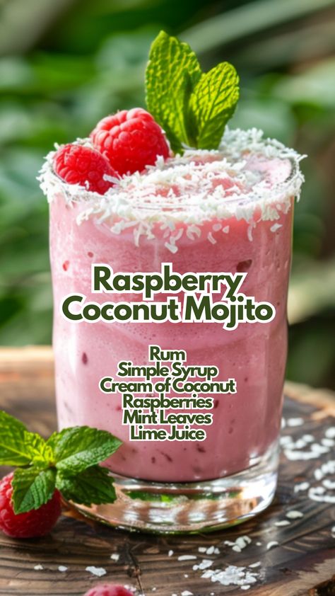 The Raspberry Coconut Mojito is a refreshing tropical twist on the classic mojito. This cocktail combines the sweetness of raspberries with the creamy richness of coconut, balanced perfectly with a hint of mint and lime. #raspberrycoconutmojito via @mybartender Raspberry Coconut Mojito, Mojito Flavors, Coconut Cocktails, Summer Rum Cocktails, Mojito Recipes, Tropical Dinner, Frozen Drinks Alcohol, Mead Wine, Simple Syrup Cocktails