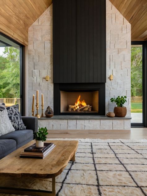 Ledge Stone Fireplace, Transitional Great Room, Shiplap Fireplace Ideas, Spanish Living Room, White Stone Fireplaces, Corner Fireplace Living Room, Stone Fireplace Designs, Stone Fireplace Wall, Vented Gas Fireplace