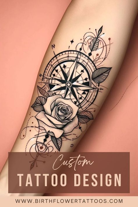 🌸✨Compass and Rose Flower Tattoo | June Birth Flower Doodle Style Design✨🌹 Compass Rose With Flowers Tattoo, Neo Traditional Compass Tattoo, June Birth Flower Tattoo, Compass Tattoo Feminine, Rose Flower Tattoo, Compass Rose Tattoo, Le Tattoo, June Birth Flower, Rose Flower Tattoos