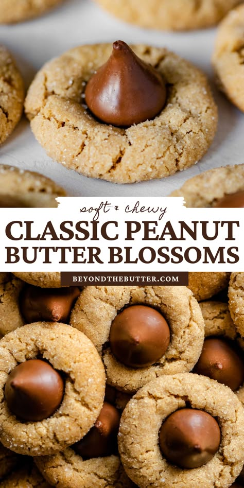 Classic Peanut Butter Blossoms are soft and chewy peanut butter cookies with a sugary, crackled top and finished with a milk chocolate kiss! They're the perfect go-to cookie for the holiday season for good reason—they're easy to make and incredibly delicious! Recipe on BeyondtheButter.com | #peanutbutterblossoms #hersheykisscookies #christmascookies #beyondthebutter #chocolate Peanut Butter Blossom, Jul Mad, Peanut Butter Blossom Cookies, Chewy Peanut Butter Cookies, Christmas Baking Recipes, Blossom Cookies, Peanut Butter Blossoms, Hershey Kiss, Slow Cooker Desserts