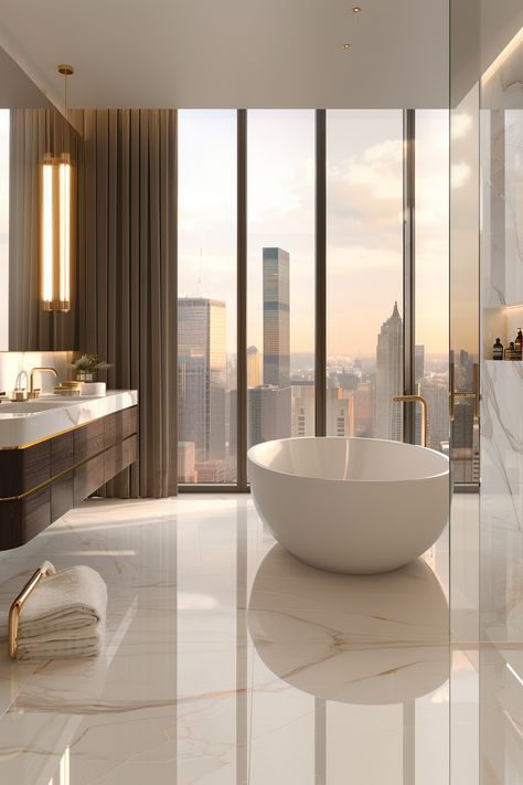 Experience luxury living with this modern skyscraper bathroom boasting an expansive city view. Relax in the large, oval bathtub next to full-height windows, basking in natural light. The marble vanity, adorned with gold accents, complements the opulent design, while the hidden lighting and clear glass shower enclosure add to the sleek, luxurious aesthetic. Indulge in the ultimate urban retreat with this stunning, modern bathroom. Bathroom Luxury Modern, Huge Bathroom, House Fever, Oval Bathtub, Luxury Toilet, Bathroom Big, Modern Luxury Bathroom, Big Baths, Luxury High Rise