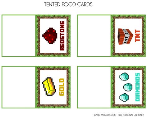 Fold each one in half, creasing it along the center line to create a tent shape. See more party ideas and share yours at CatchMyParty.com Minecraft Food Printables Free, Minecraft Thank You Cards Printable Free, Minecraft Food Labels Free, Minecraft Water Bottle Labels Free, Minecraft Food Tent Cards, Minecraft Party Activities, Minecraft Printables Free, Minecraft Party Printables, Minecraft Party Food