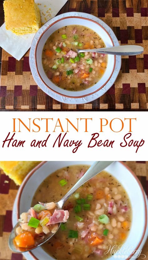 This Instant Pot Ham and Navy Bean Soup is packed with flavor and comes together quickly! Perfect with a side of corn bread. :) Pressure Cooker Ham, Ham Hocks And Beans, Instant Pot Ham, Ham And Bean, Navy Bean Soup, Bean Soup Recipe, Ham Soup, Instant Pot Soup Recipes, Ham And Beans