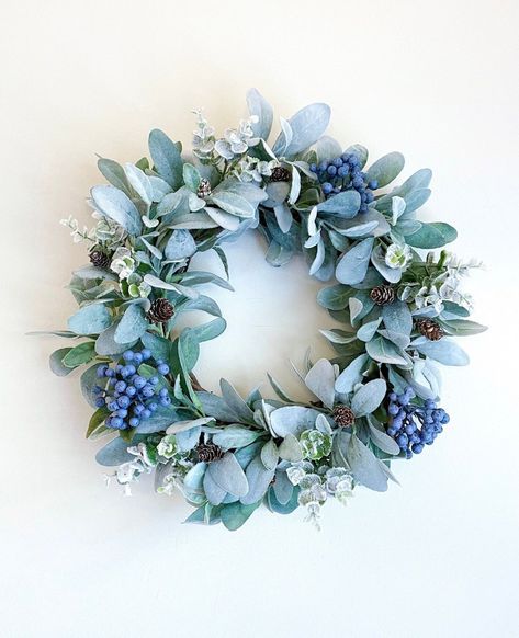 Winter Wreath Blue, Blue Christmas Wreath, Frosted Eucalyptus, Lamb's Ear, Blue Berries, Autumn Wreaths For Front Door, Lambs Ear Wreath, Winter Wreaths, Foliage Wreath