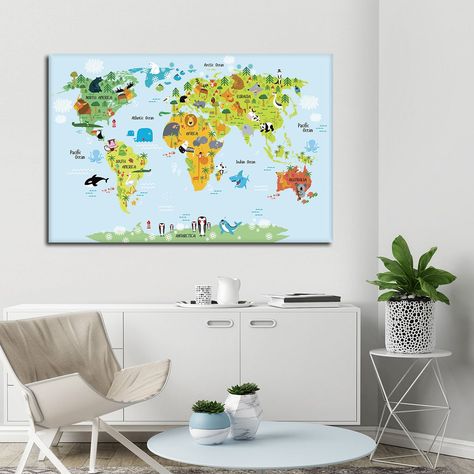 Nursery Animal World Map Multi Panel Canvas Wall Art Animal World, Animal Nursery, Multi Panel Canvas, Animals Of The World, Nursery Ideas, Wall Art Elephant, Art Elephant, World Map, Canvas Wall