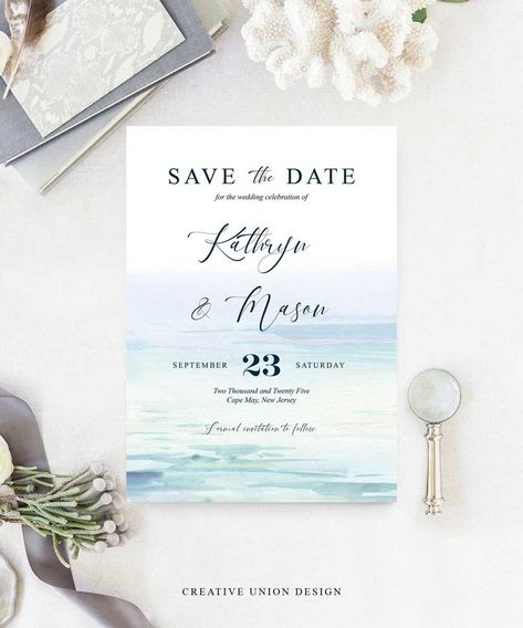 Save The Date Ideas For Beach Weddings, Beach Theme Wedding Invites, Beach Wedding Invitations Templates, Beachy Save The Date Ideas, Beach Theme Invitations, Minimal Beach Wedding, Save The Date Beach, Beach Wedding Invite, Opposites Preschool