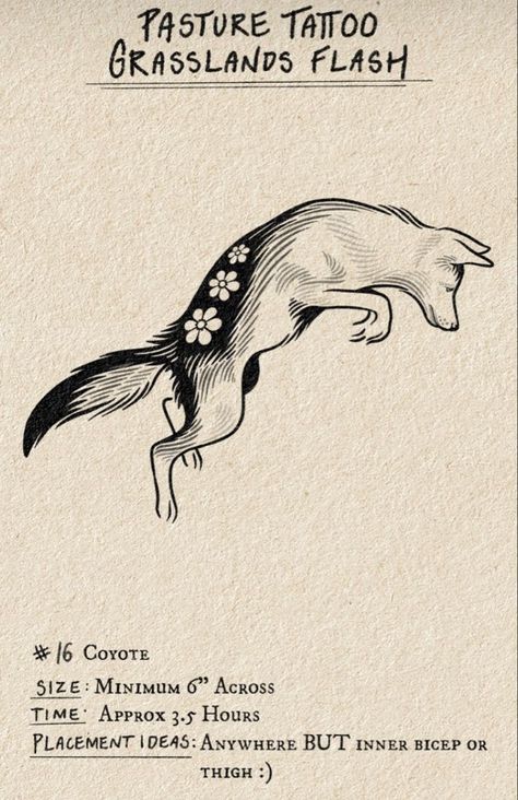 Vintage Coyote Illustration, Folk Wolf Tattoo, Coyote Tattoo Traditional, Coyote Tattoo Women, Pasture Tattoo, Coyote Illustration, Coyote Drawing, Coyote Tattoo, Goat Tattoo