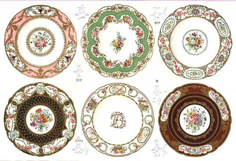 Dollhouse Kitchens, Porcelain Marks, Mini Printables, Sevres Porcelain, Decoupage Printables, Pottery Patterns, Mini Library, Miniature Plates, Miniature Printables