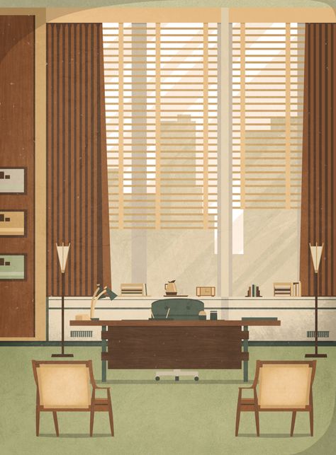 Mad Men office by Daniel Long, via Behance Mad Men Office, Long Illustration, Mcm Office, Mad Men Don Draper, 50s Interior, Mid Century Office, 80s Interior, Don Draper, Mad Men Fashion