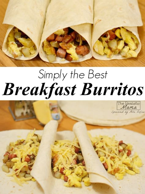 Breakfast Burrito Recipe - an easy make ahead breakfast dish complete with eggs, potatoes, meat, and cheese. You'll LOVE this recipe! Plus a really fun giveaway! Breakfast Burritos With Potatoes, Best Breakfast Burritos, Easy Make Ahead Breakfast, Breakfast Burrito Recipe, Eggs Potatoes, Burrito Recipe, Breakfast Burritos Recipe, Camping Breakfast, Favorite Breakfast Recipes