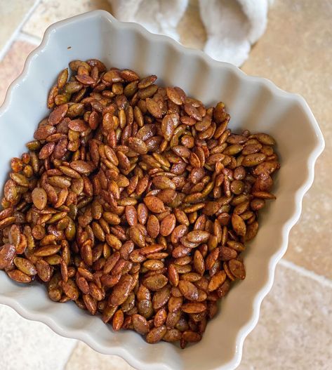 Nuts And Seeds, Vegan Appetizers, Pumpkin Seeds, Snack Time, Sweet And Spicy, Cayenne, Baking Sheet, Maple Syrup, The Oven