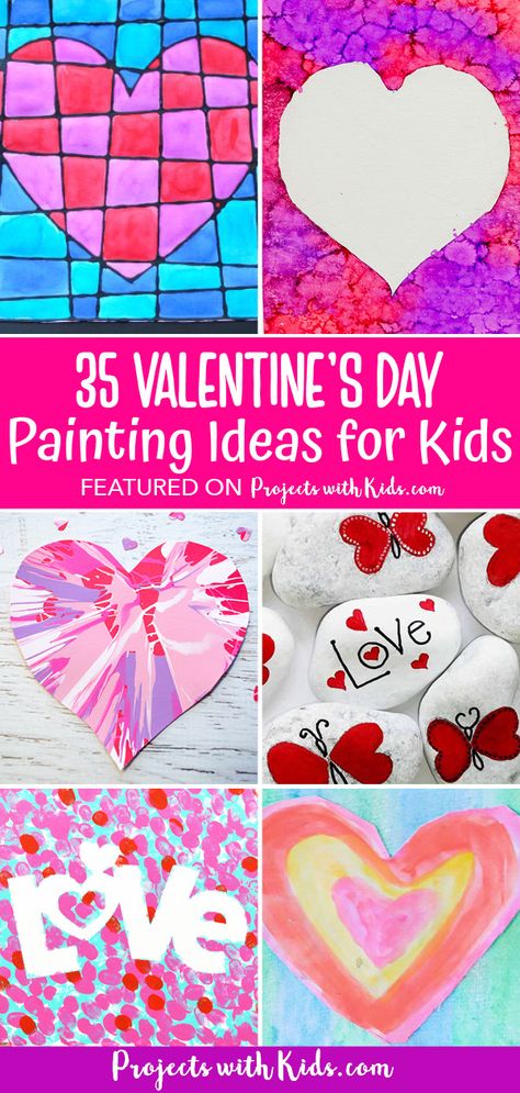 Valentine’s Day painting ideas kids will love to make! Ideas for younger kids, older kids, and tweens. Painting projects that use acrylic paint, watercolors, mixed media, and more. Simple Valentine Art For Kids, Valentine Painting Ideas For Kids, Valentines Art 4th Grade, Valentine's Painting For Kids, Class Valentine Craft Art Projects, Kids Valentines Painting Ideas, Valentines Kids Painting Ideas, Febuary Art Activities For Kids, Valentine Art For Kids Elementary