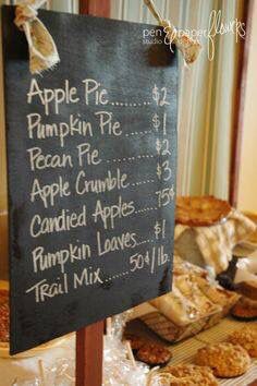 Idea  - sell fall theme baked goods in all alternative flours/ingredients Thanksgiving Desserts Pie, Fall Bake Sale, Desserts Pie, Market Signage, Farmers Market Stand, Farmers Market Booth, Farmers Market Display, Cake Stall, Market Stands