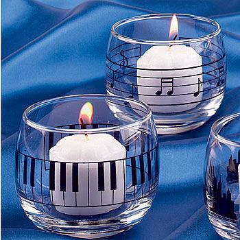 Musical Votives Music Centerpieces Ideas, Music Party Centerpieces, Music Centerpieces, Music Notes Decorations, Deco Cinema, Music Candle, Music Themed Parties, Music Themed Wedding, Glass Candles