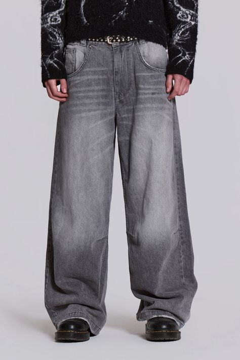 jaded london 2000s Jeans Men, Colossus Jeans, Grey Jeans Men, 2000s Jeans, Baggy Jeans Outfit, Dark Grey Jeans, Jaded London, Stylish Pants, Shearling Coat