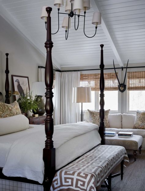 Coastal + Collected: A Florida Dream Home Cherry Four Poster Bed Bedroom Designs, Susan Bozeman Interiors, Main Bedroom Ideas Dark Wood Furniture, Den Curtains Ideas, Tommy Bahama Bedroom, Stunning Bedrooms, Well House, Colonial Design, Four Poster Bed