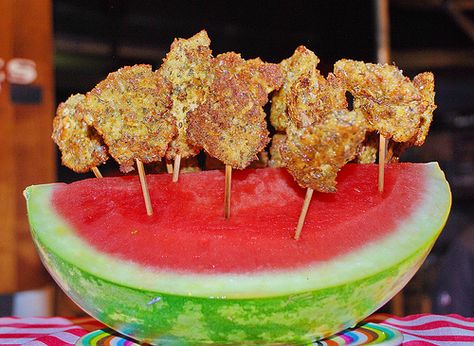 Follow up soup with a fun light hearted southern fried chicken Popsicle appetizer.  Use the watermelon as a colorful garnish that with definitely make a splash Fried Chicken And Watermelon, Watermelon Guy Vine, Fish Watermelon, Watermelon Designs Food Art, Watermelon Memes Hilarious, Southern Fried Chicken, Funny Profile, Kool Aid, Fake Food