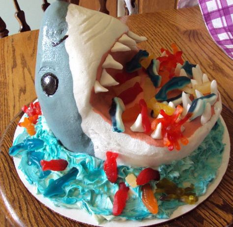 Shark Birthday Cake This is decorated with buttercream. Boys Birthday Cakes Easy, Shark Cakes, Shark Birthday Cake, Shark Birthday Cakes, Shark Cake, Shark Birthday Party, Awesome Cakes, Shark Party, Childrens Birthday Cakes