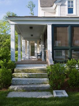 We could use stone pieces pulled from our pastures?  Ours would be more pieced together though, I don't think we have any slabs this large. Front Porch Stairs, Rock Steps, Front Door Steps, Porch Stairs, Traditional Porch, Porch Design Ideas, Cottage Porch, Exterior Stairs, Front Porch Design